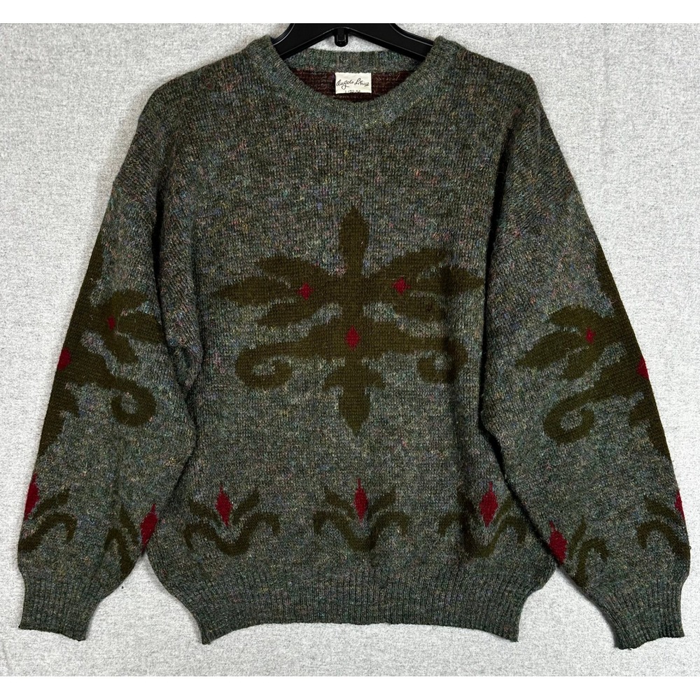 Vintage 80s Angelo Litrico Sweater Mens XL Green‎ Grey Wool Blend Intarsia Knit